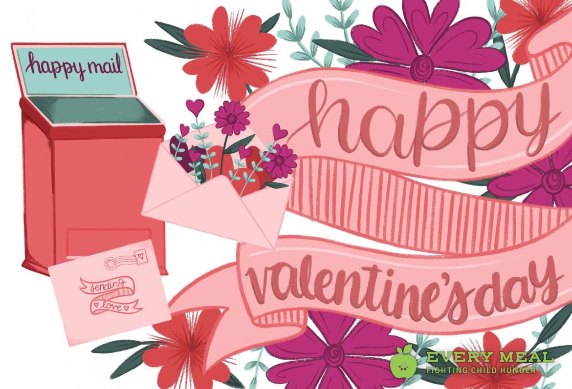 Valentine's Day 2023 E-Card Illustration Flowers, Banner, and Mailbox