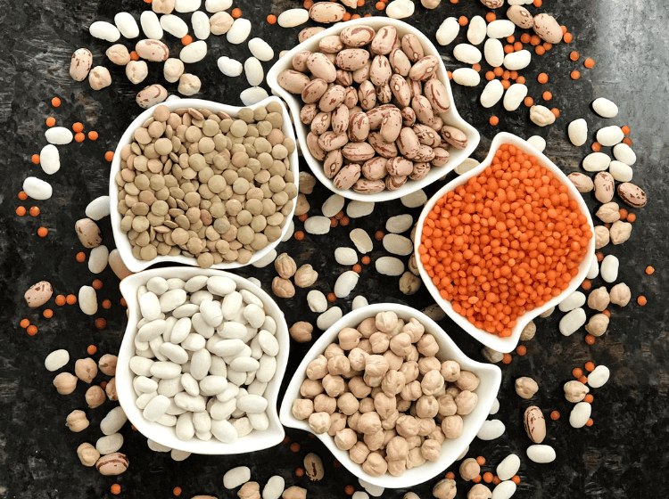 Picture of different types of legumes in various bowls