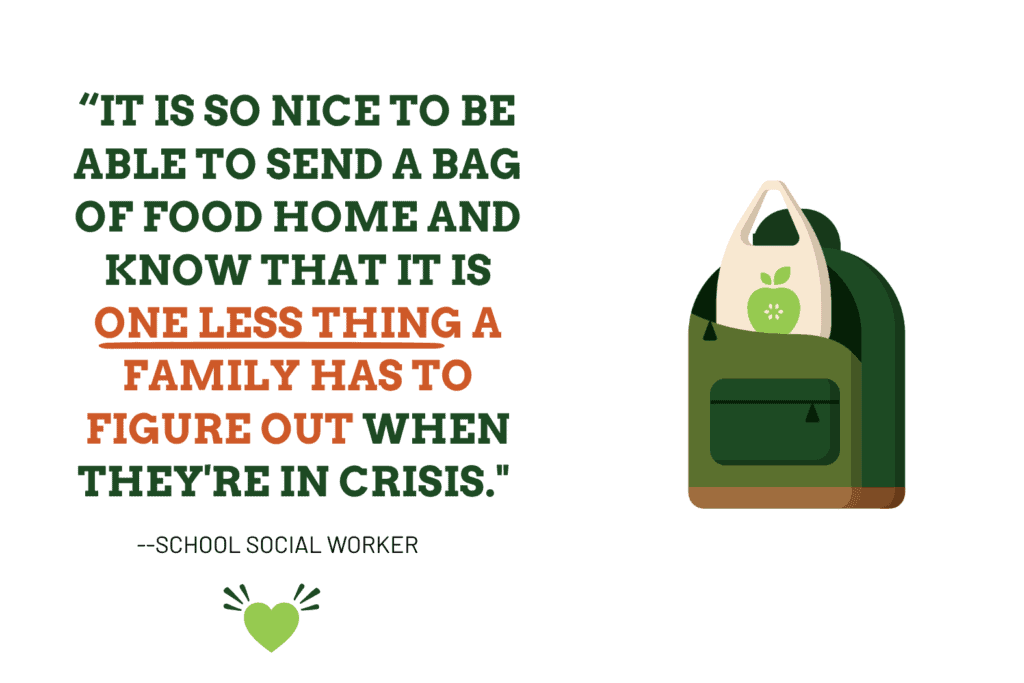 "It is so nice to be able to send a bag of food home and know that it is one less thing a family has to figure out when they're in crisis." -School Social Worker